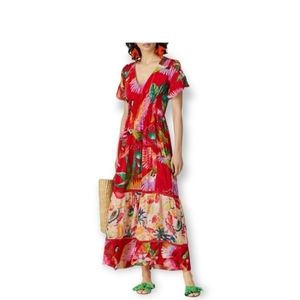 Farm Rio Macaw Mix Maxi Dress Floral Printed Short Sleeves V-Neck Red Size XS